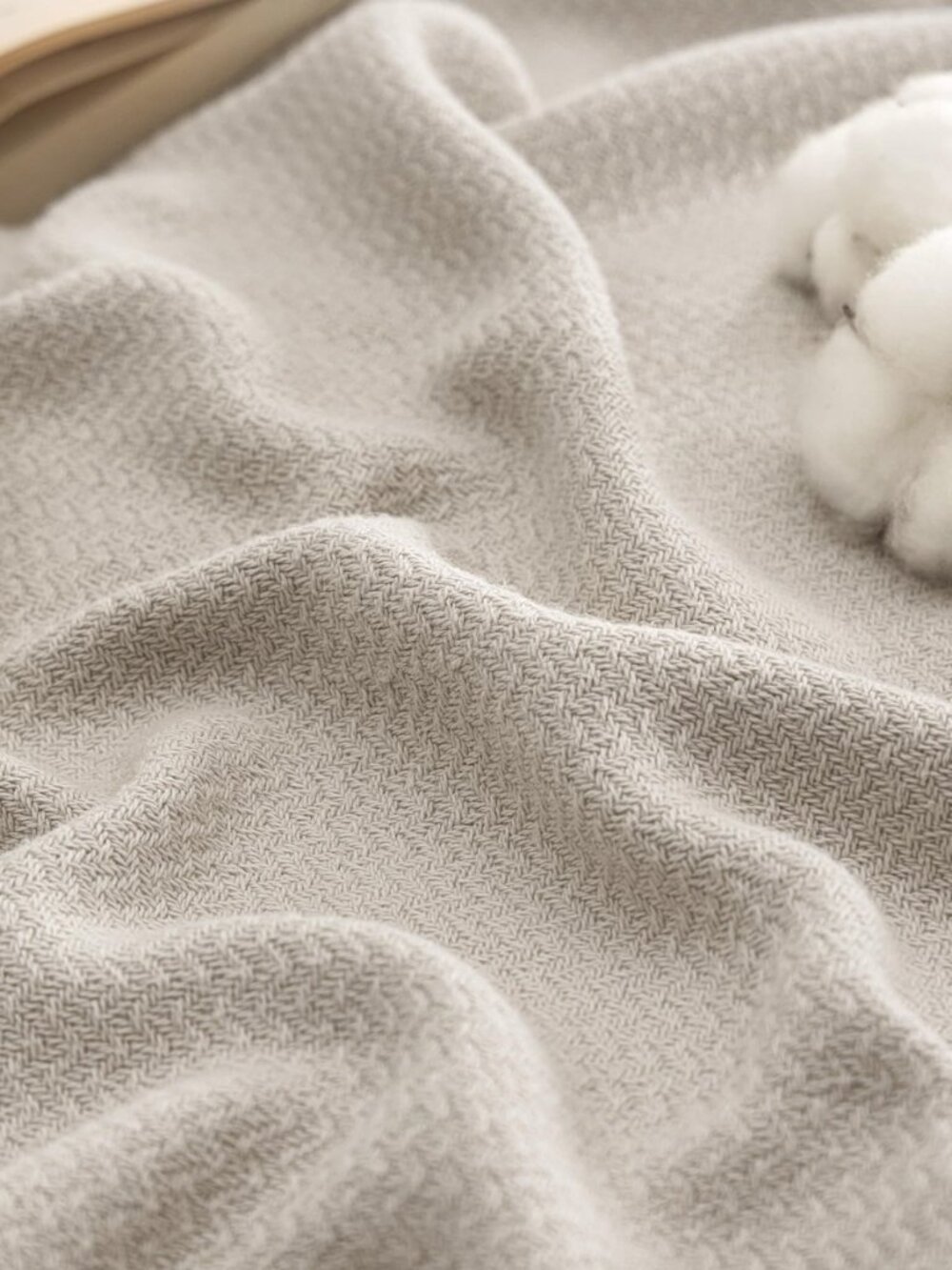 100% Cotton Blanket, Herringbone Weave, Throw XL, Linen Beige
